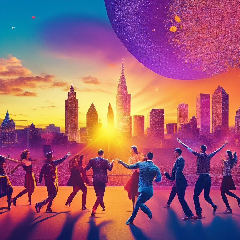 A vibrant illustration featuring a stylized Rochester cityscape at sunset, with silhouettes of diverse dancers in motion, surrounded by swirling patterns of music notes and confetti.