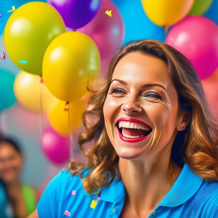 A dynamic illustration of a smiling woman in a vibrant dance studio, surrounded by colorful balloons and confetti, with a subtle hint of a scale or measuring tape in the background.