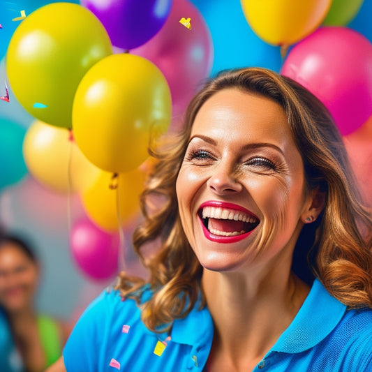 A dynamic illustration of a smiling woman in a vibrant dance studio, surrounded by colorful balloons and confetti, with a subtle hint of a scale or measuring tape in the background.