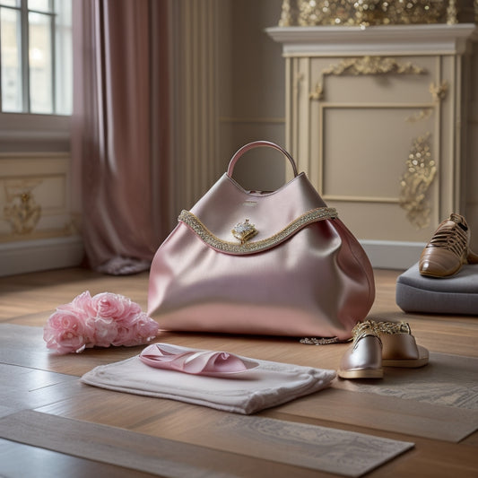 An elegant ballet bag, crafted from soft pastel leather, adorned with delicate embroidery, resting beside a pair of satin pointe shoes and a sparkling tiara, all set against a polished wooden studio floor.