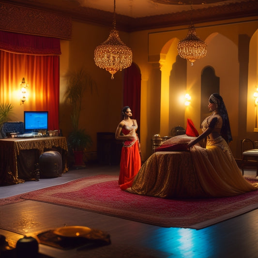 A serene, dimly lit dance studio with a beautiful, flexible belly dancer in the center, surrounded by Middle Eastern-inspired patterns and soft, golden lighting, with a laptop and yoga mat nearby.