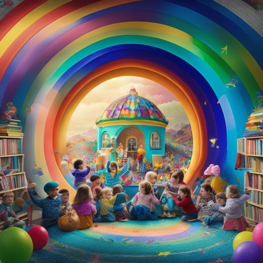 A whimsical illustration depicting a vibrant, sunlit children's reading nook filled with dancing children, surrounded by scattered books, colorful scarves, and musical instruments, amidst swirling clouds of rainbow-colored confetti.