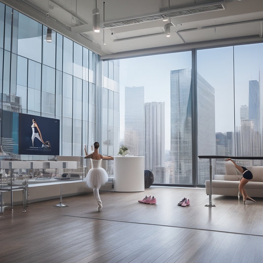 A bright, modern dance studio with a laptop and tablet in the center, surrounded by ballet barres, mirrors, and dance shoes, with a subtle cityscape outside the window.