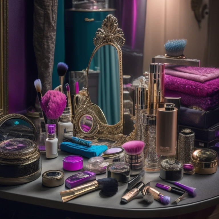 A cluttered, yet organized, makeup station with a variety of brushes, palettes, and products surrounding a central mirror, with a few dance-inspired props like a pointe shoe or dance costume fabric scraps.