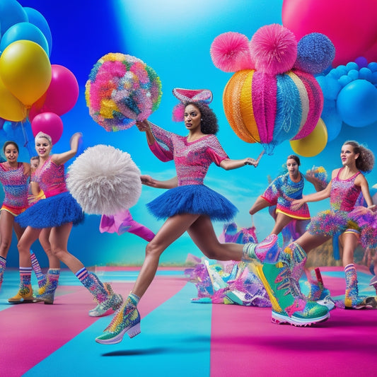 A vibrant, colorful illustration featuring a mix of cheerleading and dance-inspired elements, including pom-poms, megaphones, and dance shoes, arranged in a playful, collage-style composition.