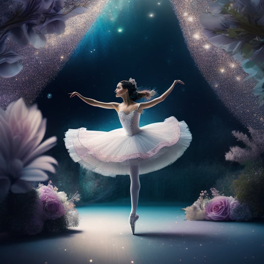 A whimsical illustration of a ballerina standing on one leg, surrounded by swirling musical notes, flowers, and tiny stars, with a subtle sparkle effect and soft, pastel colors.