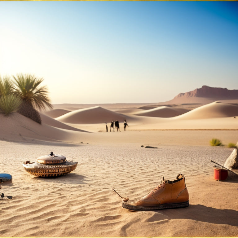 A serene desert landscape with a faintly visible dancer in the background, surrounded by scattered Middle Eastern instruments and a subtle hint of a torn or worn-out dance shoe in the foreground.