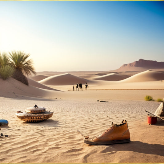 A serene desert landscape with a faintly visible dancer in the background, surrounded by scattered Middle Eastern instruments and a subtle hint of a torn or worn-out dance shoe in the foreground.