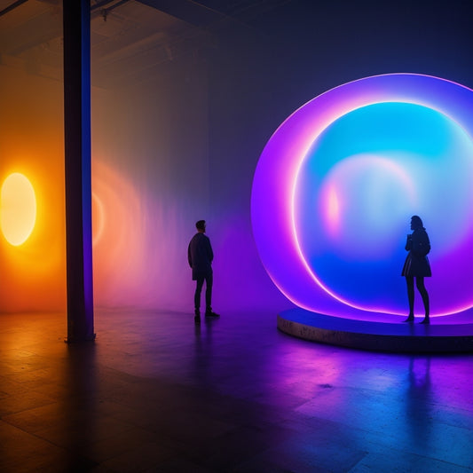 A surreal, dreamlike scene: Olafur Eliasson's circular, iridescent glass sculptures refract light, surrounded by swirling, neon-colored fog, as Peggy Gou's futuristic, neon-lit cityscape unfolds in the background.