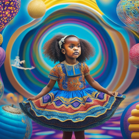 A vibrant illustration of a young girl in a dance studio, surrounded by swirling patterns of shapes and colors, with thought bubbles above her head filled with matching shapes and patterns.