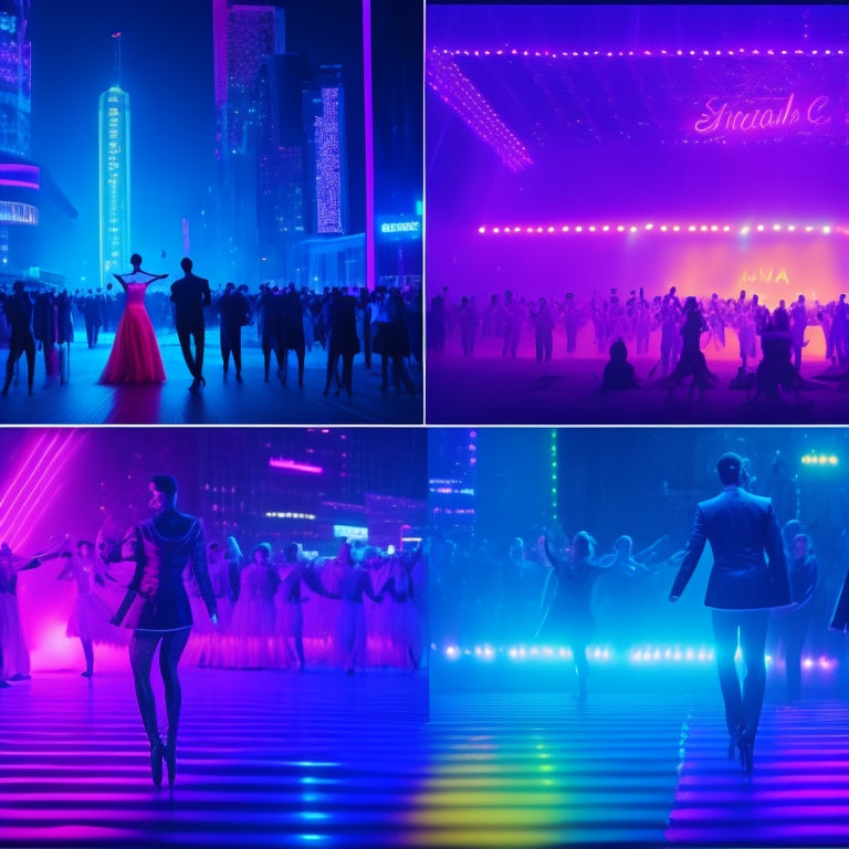 A split-screen image featuring a brightly lit, neon-colored dance floor with synchronized dancers in the foreground, alongside a dimly lit, cinematic cityscape with a solo artist in the background.