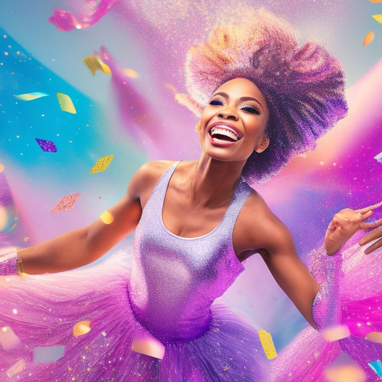 A vibrant illustration featuring a smiling dancer surrounded by swirling dance-style icons (ballet, hip-hop, salsa) in pastel hues, with subtle sparkles and confetti, on a soft, gradient background.