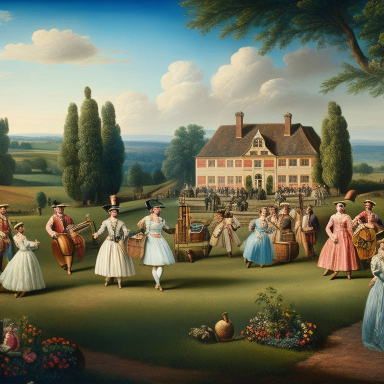 A whimsical illustration of a lively English countryside scene, featuring a grand estate, rolling hills, and joyful dancers in 18th-century attire, surrounded by musical notes and ornate Baroque-era instrumentation.