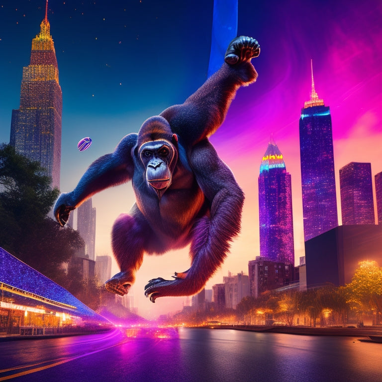 A dynamic illustration of a break-dancing gorilla in mid-air, spinning on its head, surrounded by vibrant, swirling colors and bold, abstract shapes, set against a dark, urban cityscape at dusk.