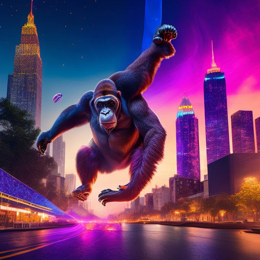 A dynamic illustration of a break-dancing gorilla in mid-air, spinning on its head, surrounded by vibrant, swirling colors and bold, abstract shapes, set against a dark, urban cityscape at dusk.