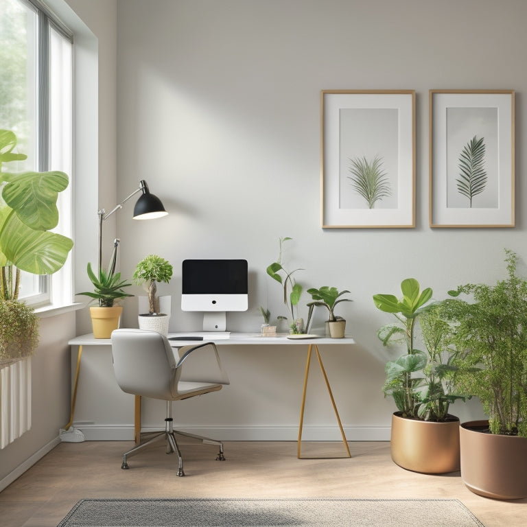 A minimalist studio with a sleek, silver desk, a single, ergonomic chair, and a large, wall-mounted monitor displaying a tidy, organized dashboard, surrounded by calm, cream-colored walls and a few, carefully placed, potted plants.