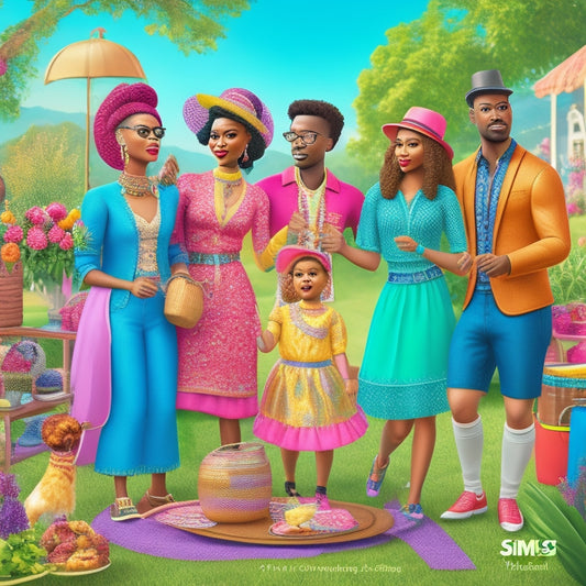 A vibrant, whimsical illustration featuring a diverse group of Sims from various families, showcasing eclectic fashion styles, and engaging in joyful activities like dancing, playing musical instruments, and having picnics.