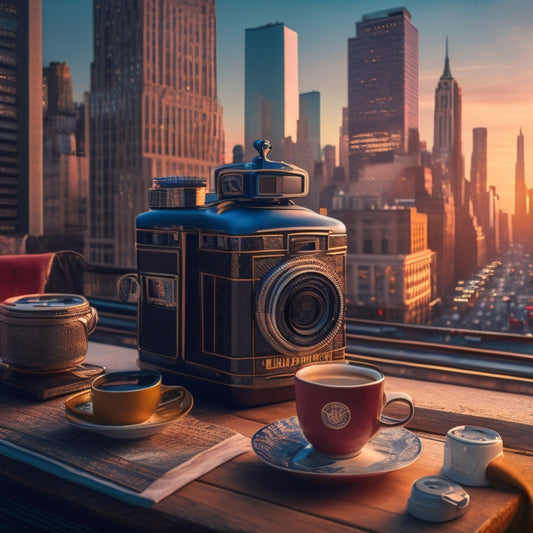 A vibrant illustration of a stylized Manhattan cityscape at sunset, with iconic buildings, bustling streets, and eclectic storefronts, featuring a vintage camera, a boutique mannequin, and a steaming coffee cup.