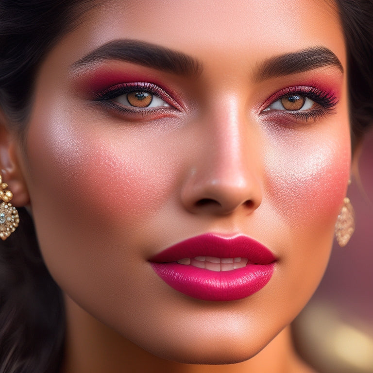 A close-up portrait of Andisheh Pakrad's face, with radiant, sun-kissed skin, bold, berry-stained lips, and intricately lined, smoky eyes that sparkle with confidence and glamour.