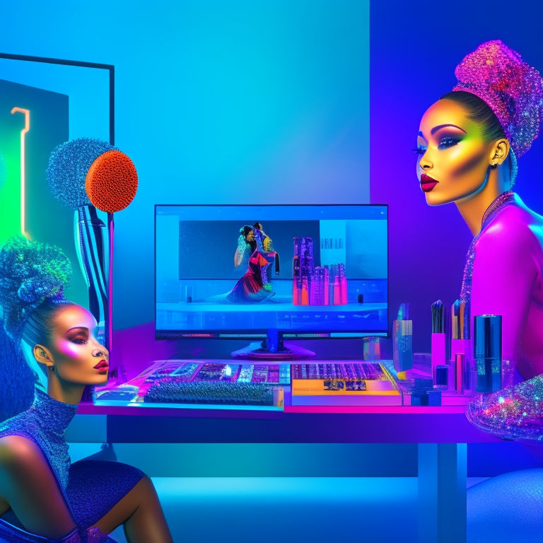 A vibrant illustration depicting a dance artist sitting in front of a monitor, surrounded by digital makeup brushes and virtual cosmetic palettes, with a 3D avatar on the screen mirroring their movements.