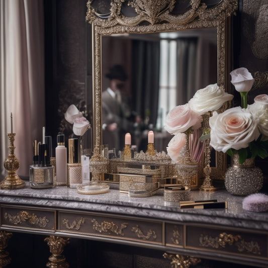 A beautifully styled, elegant wedding makeup station with a ornate, antique vanity, surrounded by an array of luxurious makeup products, brushes, and a delicate lace veil draped elegantly in the background.