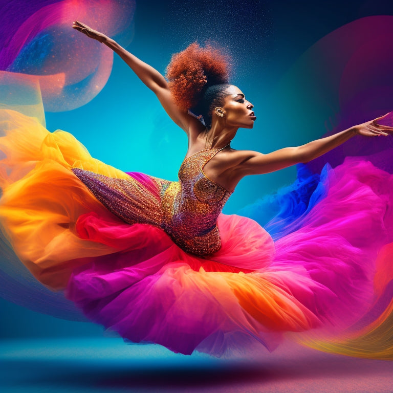 A warm and vibrant illustration of a dancer in motion, surrounded by swirling colors and shapes, with a subtle background of brain scans and musical notes, conveying creativity and healing.