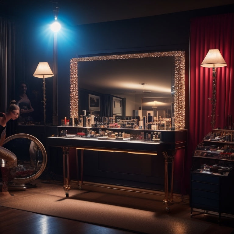 A glamorous, dimly lit dance studio with a vanity mirror reflecting a dancer's face, surrounded by makeup brushes, eyeshadows, and lipsticks, with a spotlight shining on the makeup station.