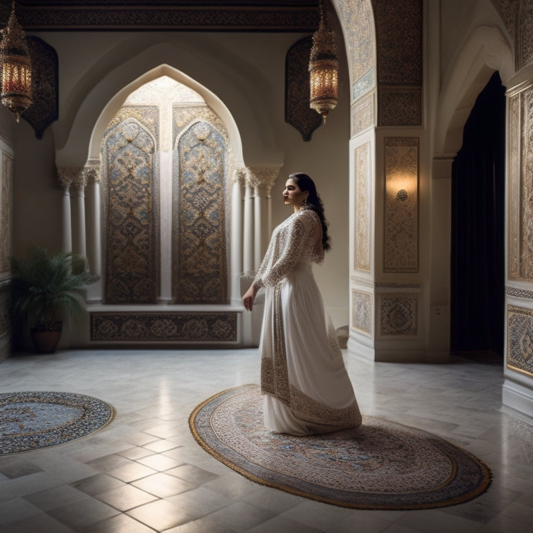 A serene, dimly lit room with a beautiful Middle Eastern-inspired tile floor, adorned with intricate patterns and colors, featuring a woman in a flowing white outfit, standing in a confident, powerful dance pose.