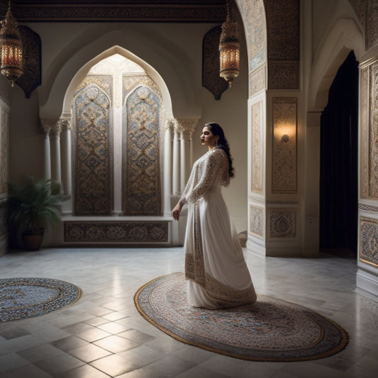 A serene, dimly lit room with a beautiful Middle Eastern-inspired tile floor, adorned with intricate patterns and colors, featuring a woman in a flowing white outfit, standing in a confident, powerful dance pose.