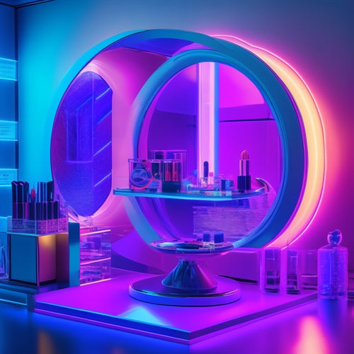 A futuristic makeup station with sleek, glowing workstations, a 3D holographic model rotating in mid-air, surrounded by floating, swirling makeup brushes and palettes, amidst a neon-lit, high-tech backdrop.