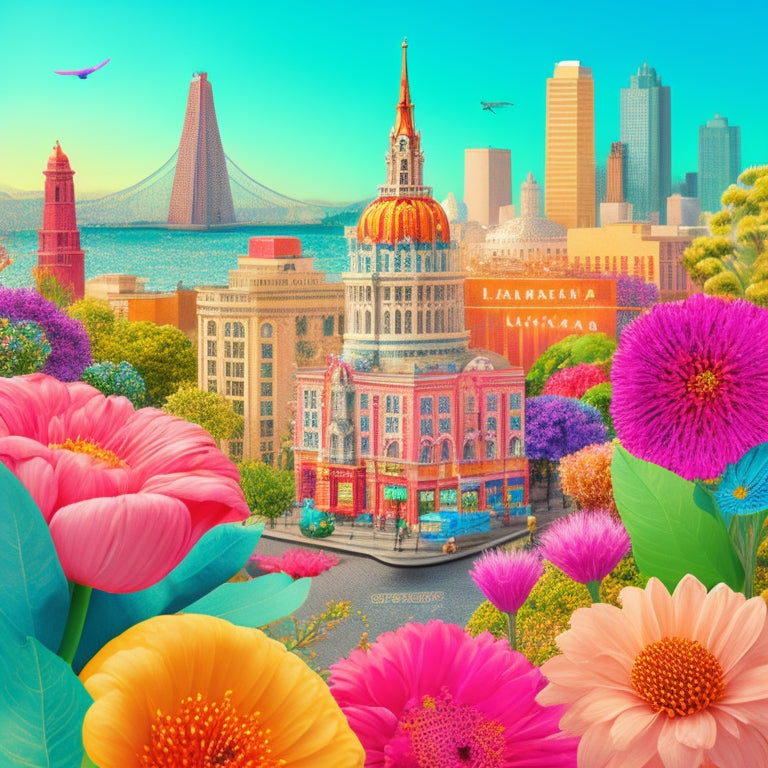 A whimsical illustration of San Francisco's cityscape, with blooming flowers and vines wrapping around iconic buildings, amidst a kaleidoscope of colors, with paintbrushes and artistic tools scattered throughout.