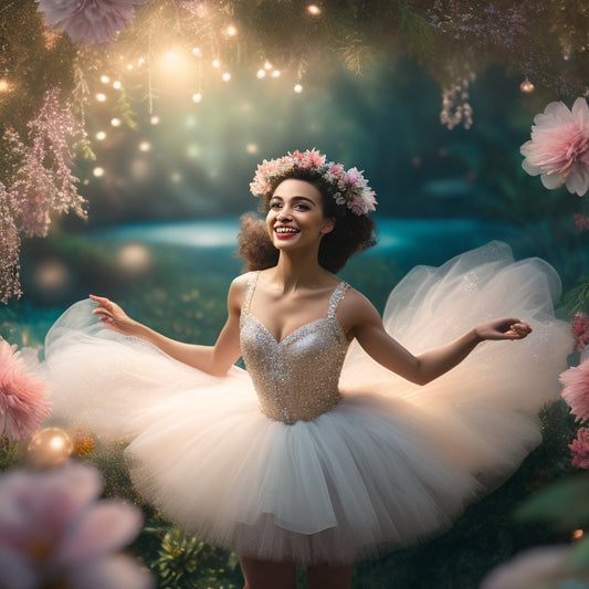 A whimsical illustration featuring a smiling ballet dancer in a flowing, sparkly tutu, surrounded by Disney-esque flowers, vines, and subtle fairy lights, set against a soft, pastel-hued background.