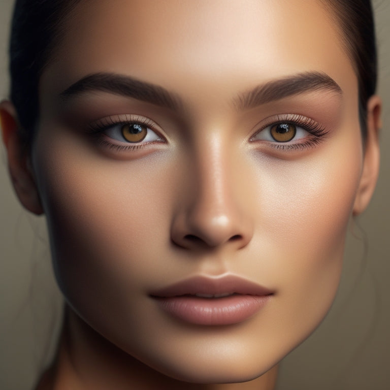 A close-up of a flawless, poreless complexion with a subtle glow, featuring a delicate, natural-looking eyebrow arch, a smooth, even foundation tone, and a defined yet soft eyeliner stroke.