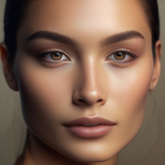 A close-up of a flawless, poreless complexion with a subtle glow, featuring a delicate, natural-looking eyebrow arch, a smooth, even foundation tone, and a defined yet soft eyeliner stroke.