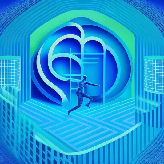 A minimalist illustration featuring a dancing figure in the center, surrounded by swirling lines and shapes in shades of blue and green, with a subtle grid pattern in the background, symbolizing digital technology.