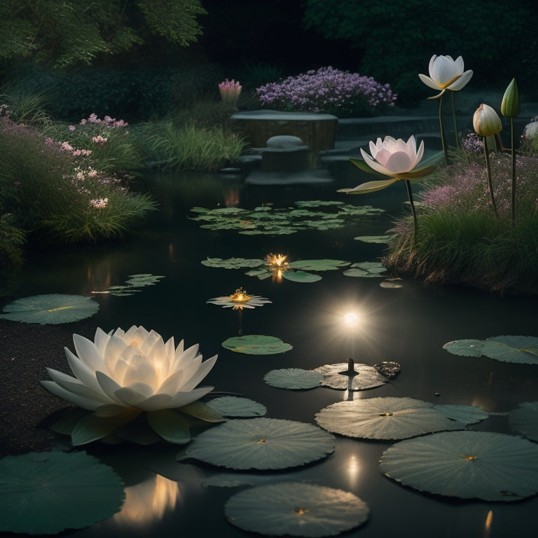 A serene, moonlit garden with gentle lotus flowers and soft, swirling mist, surrounded by delicate, curved Japanese instruments, and subtle, shimmering fairy lights.