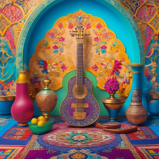 A vibrant illustration featuring a colorful, intricately patterned Middle Eastern-inspired backdrop, with a mixture of traditional instruments such as the oud, qraqeb, and ney flute at its center.