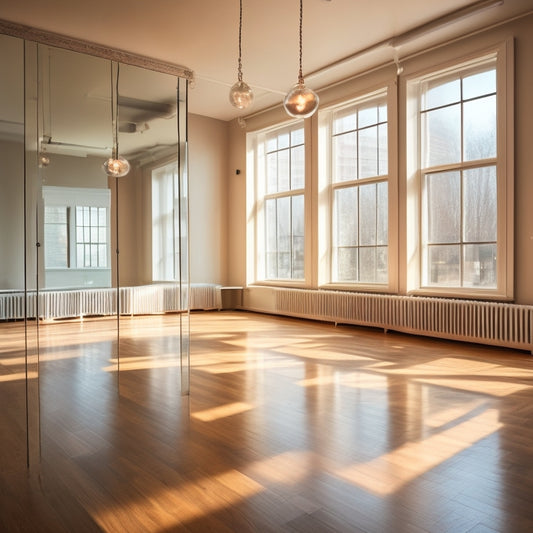 A warm and inviting dance studio interior with a large mirror, wooden floors, and a few ballet bars, illuminated by soft natural light pouring through floor-to-ceiling windows.