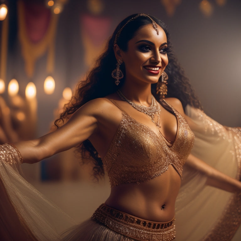 A serene, dimly lit dance studio with a beautiful, smiling belly dancer in a flowing, shimmering costume, surrounded by mirrors, practicing intricate footwork and arm movements.