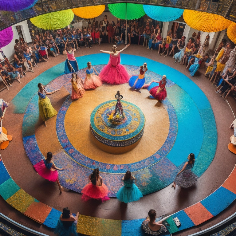 A vibrant, aerial view of a dance studio with multiple circles of diverse students, each engaged in a different style of dance or theatre, surrounded by mirrors, bars, and colorful costumes.