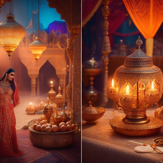 A mesmerizing Middle Eastern-inspired background with swirling patterns of golden sand, intricate lanterns, and shimmering fabrics, surrounded by ornate mirrors and mystical belly dance props.