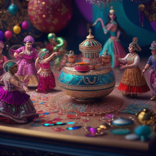 A whimsical illustration of a crafting table surrounded by dancing figures, adorned with glittering beads, sequins, and colorful fabrics, amidst a backdrop of swirling dance-inspired patterns and textures.