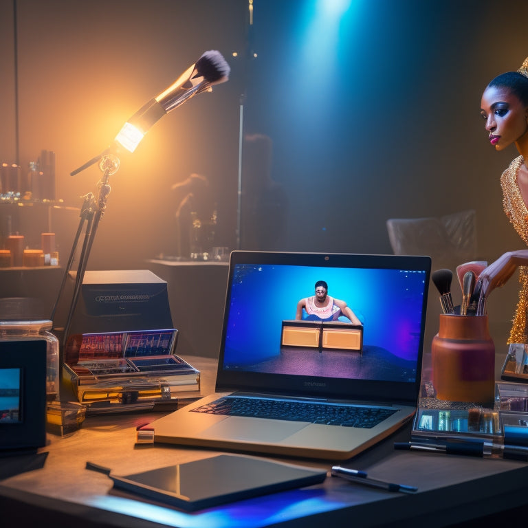 A spotlight shines on a dancer in mid-pose, surrounded by makeup brushes, palettes, and mirrors, with a laptop open to a virtual makeup course in the foreground.