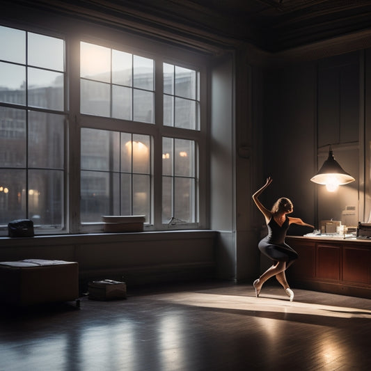 A dimly lit dance studio with a single spotlight shining down, a lone dancer in mid-pose, surrounded by scattered papers, notes, and empty coffee cups, with a cityscape visible through the window.