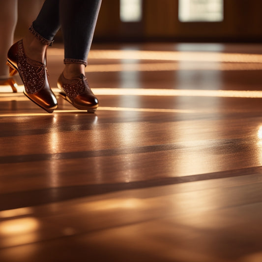 A polished wooden dance floor gleams under soft, warm lighting, showcasing intricate tap dance shoes in motion. Reflections shimmer as the shoes strike the surface, creating a dynamic sense of rhythm and energy.