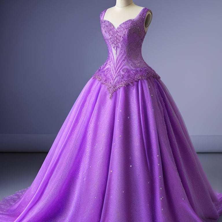 A beautiful, ornate, lavender-purple prom dress with intricate beading and delicate lace details, draped on a velvet mannequin against a soft, creamy white background.