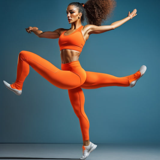 A fit woman in her mid-twenties, wearing a bright orange sports bra and high-waisted leggings, is depicted in a dynamic pose, with one leg bent and the other extended behind her, showcasing a powerful shimmy movement.