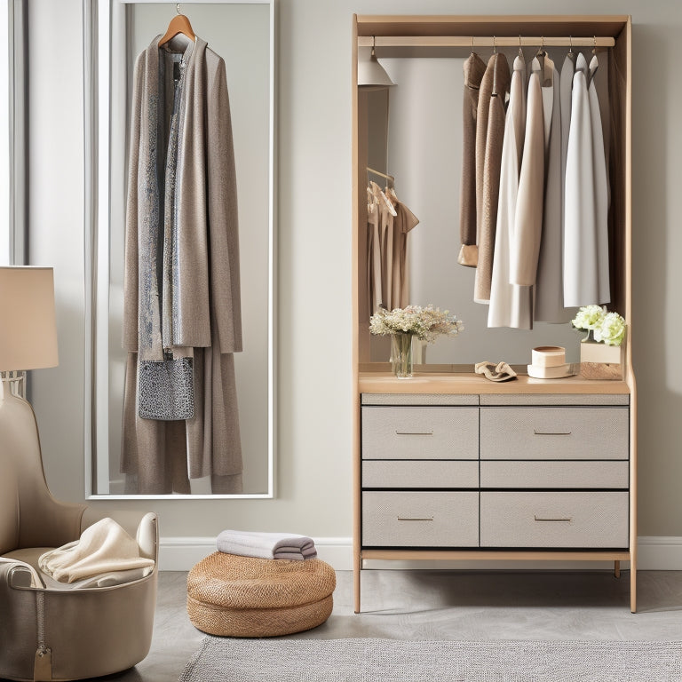 A stylish wardrobe scene showcasing neatly organized clothing racks, a minimalist shoe display, elegant accessories on a vanity, and a full-length mirror reflecting a curated outfit in a bright, airy room with natural light.