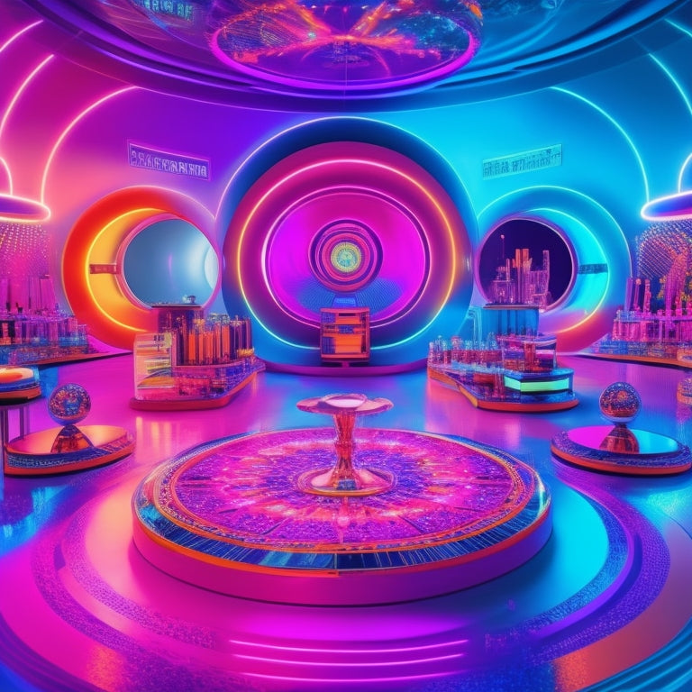 A mesmerizing digital illustration featuring a futuristic dance floor with swirling neon lights, surrounded by floating makeup palettes, glittering mirrors, and glowing beauty tools, amidst a kaleidoscope of colors.