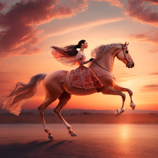 A whimsical illustration of a ballerina's torso merged with a horse's body, surrounded by swirling paintbrush strokes and musical notes, set against a warm, sunset-hued background.